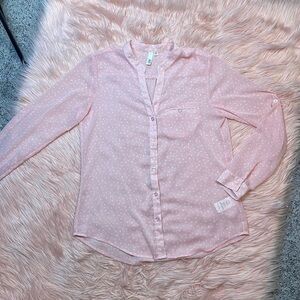 Kut From The Kloth Women’s Roll Tab Pink Polka Dot Sheer Blouse Size‎ Medium